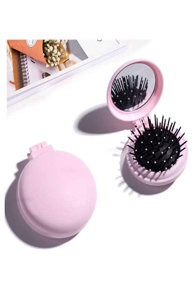مشط فك تشابك الشعر مع مرآة وردية اللون - 3