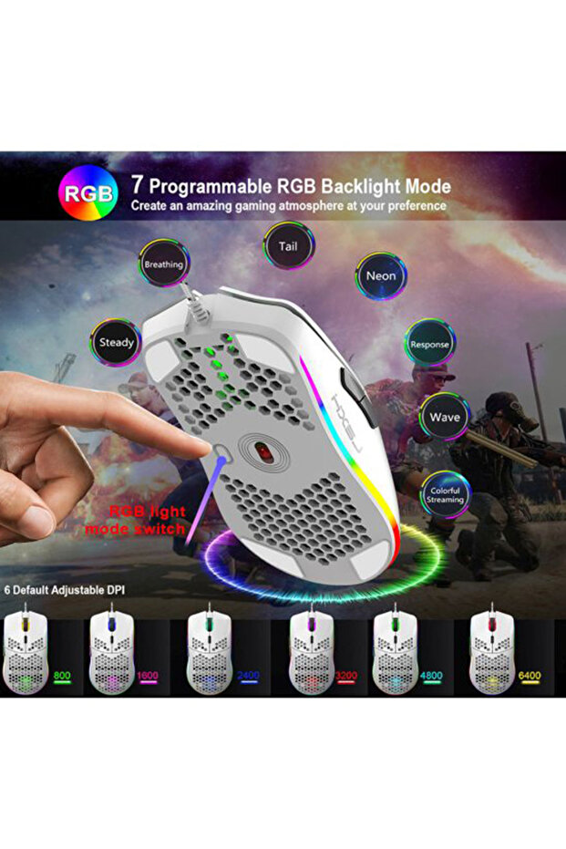 ماوس ألعاب سلكي بستة إعدادات DPI قابلة للتعديل، لون أبيض - 7