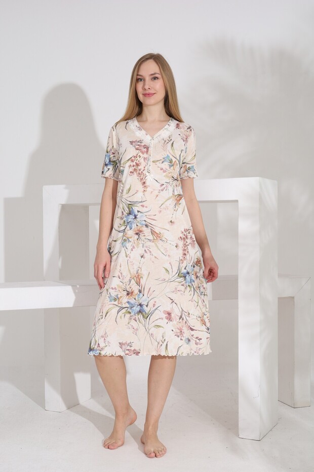 Angelique Bamboo Fabric Short Sleeve Lace and Button Detailed Floral Patterned Nightgown 22540