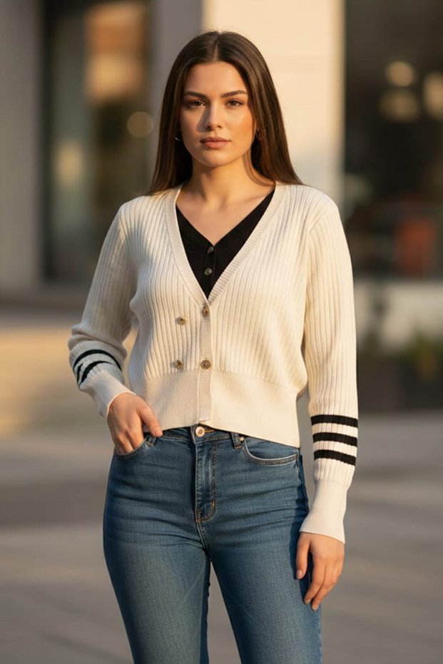 Women's Long Sleeve Ribbed Buttoned Cardigan-Cream