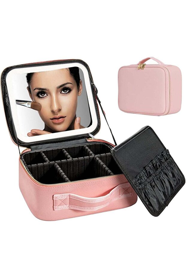 LED Light Makeup Organizer Box with Mirror, Spacious Cosmetic Storage Case with Adjustable Dividers,