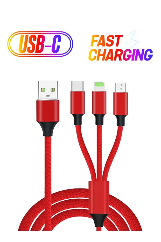 3-In-1 Micro USB Type-C Lightning Data Sync And Charging Cable Red - 1