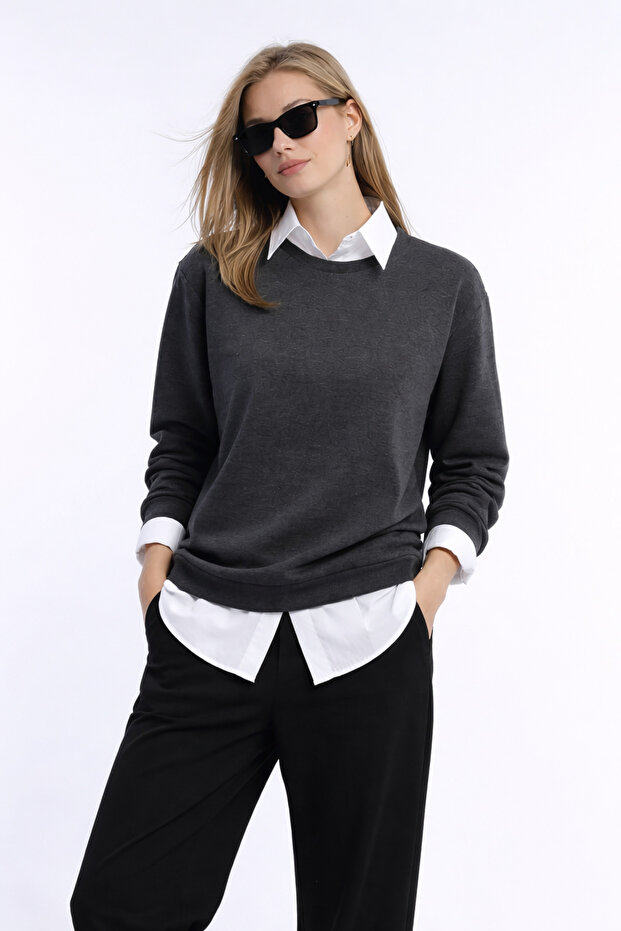 Women's Anthracite 3 Thread Non-Embroidered Crew Neck Regular Fit Sweatshirt