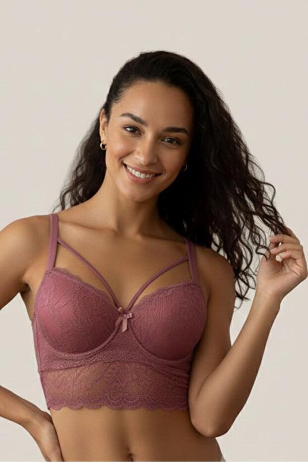Dusty Rose Lace Underwire Supported Bralette Bra with String Detail - Strappy Push up Bustier Bra