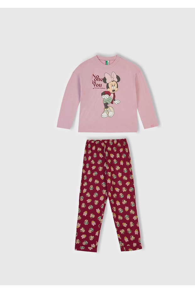 Girl's Dusty Pink-Fuchsia Top with Disney Print and Six-Patterned Curled Cuffs Pajama Set