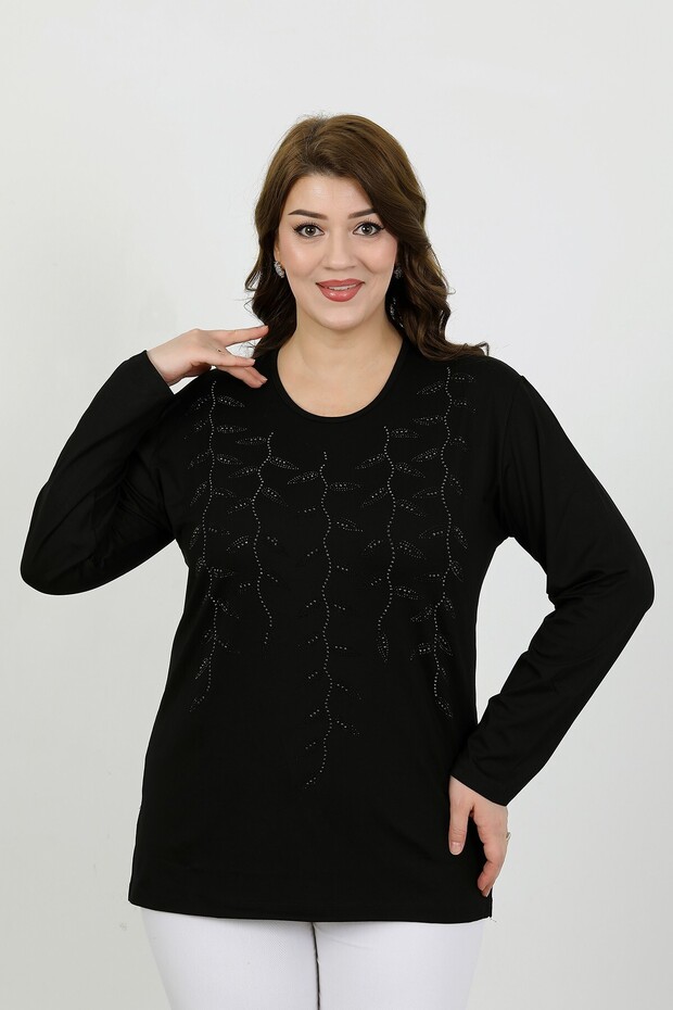 Women's Black Viscose Floral Stone Embroidered Flexible Plus Size Combed Cotton Blouse for Middle Ages and Above