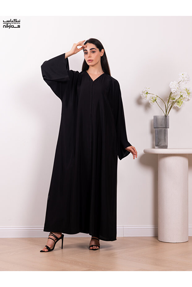 Elegant plain Nida fabric abaya with full front buttons