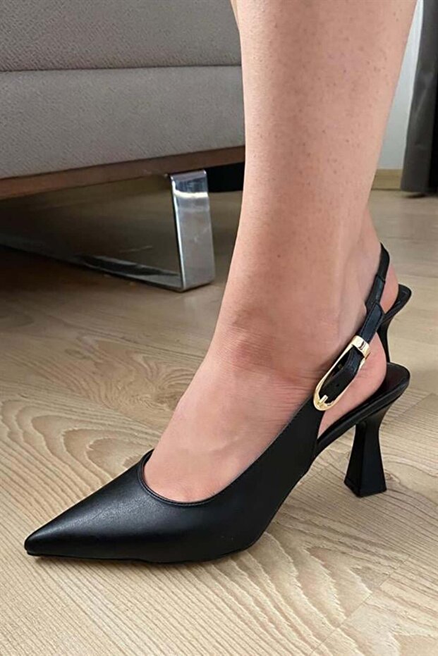 Women's Black Leather Pointed Toe Open Back 8 cm Heeled Shoes