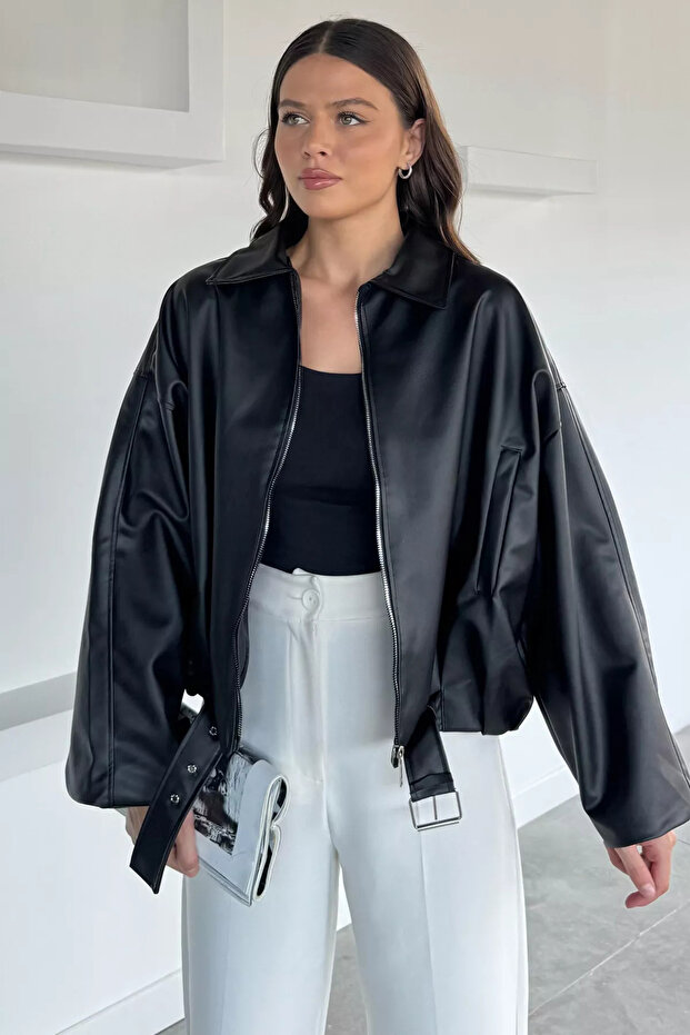Oversize kemerli Bomber deri ceket - 1