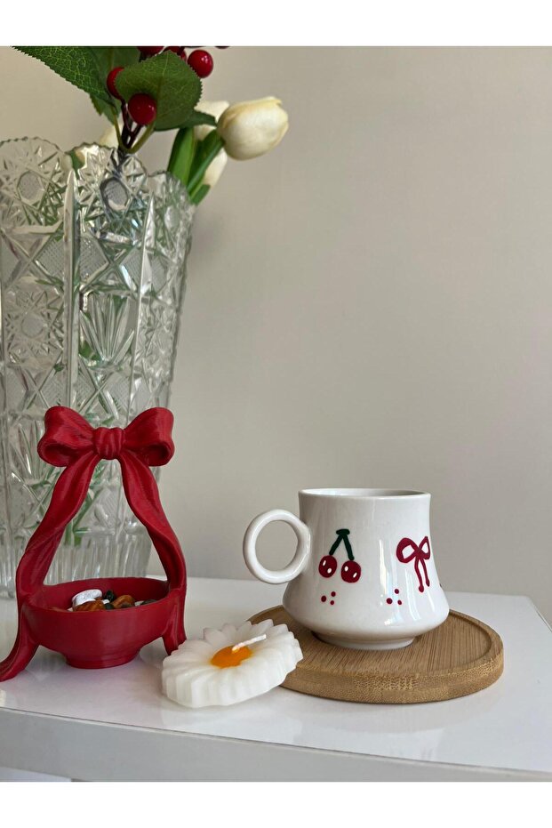 Handmade Ribbon Coffee Cup, Turkish Delight Cup, Water Cup, with Candle Gift, Valentine's Day Gift