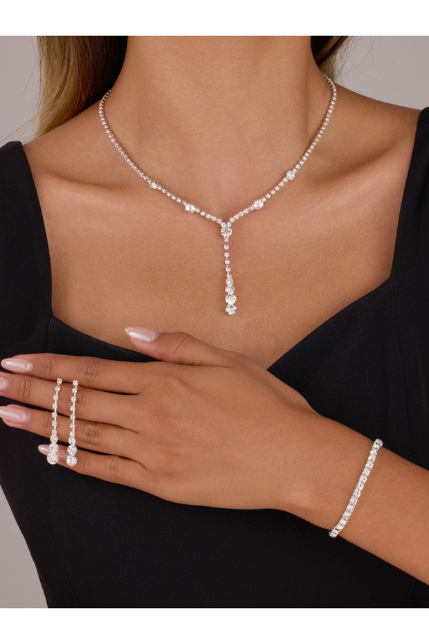 Pack of 3 - Silver Crystal Necklace with Bracelet and Earrings