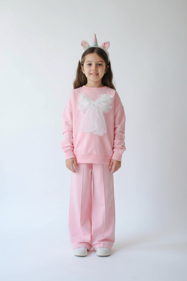Girl's Pink and White Floral Bow Detailed Sweatshirt-Loose Fit Tracksuit Set