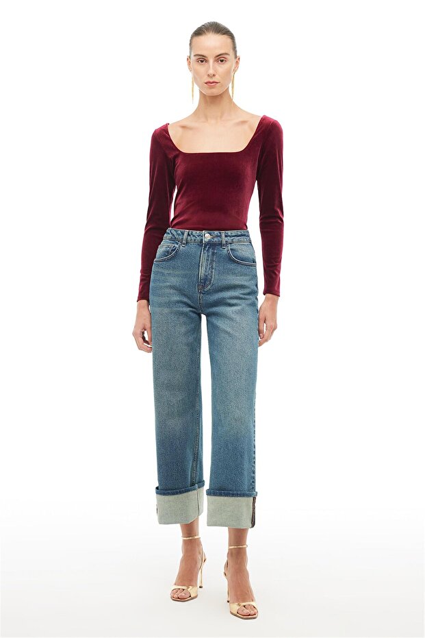 Burgundy Square Neck Slim Fit Blouse