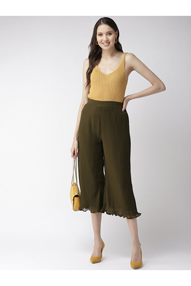 Women Olive Green Pleated Flared Trousers