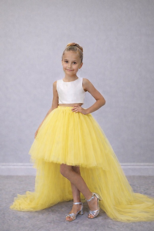 Girl's Yellow Tutu Skirt with Long Tail on the Back, Graduation Party Prom Combination Skirt