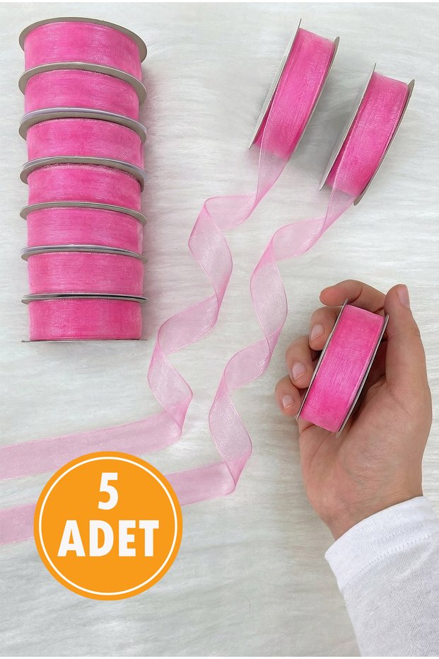 5 Pieces of Organza Tulle Ribbon Pink 2 cm 22 Meters, Bundle, Engagement, Dowry, Gift, Packaging, Decoration, Wedding