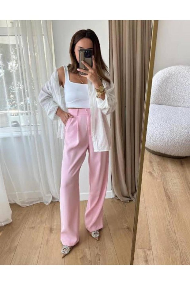 Women's Pink Pocket High Waist Palazzo Trousers