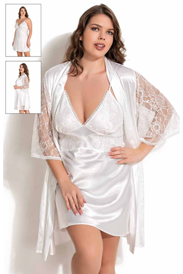Women'S, White, Plus Size, Lace Detailed, Satin Nightgown-Robe Set