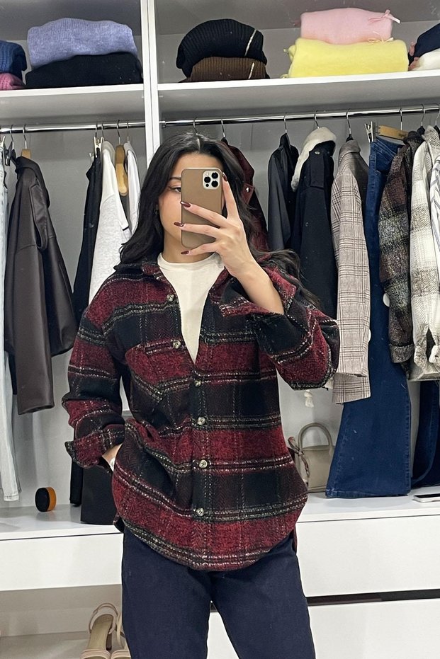 Fishbone Pattern Colorful Plaid Lumberjack Shirt - Red Black Red-Black