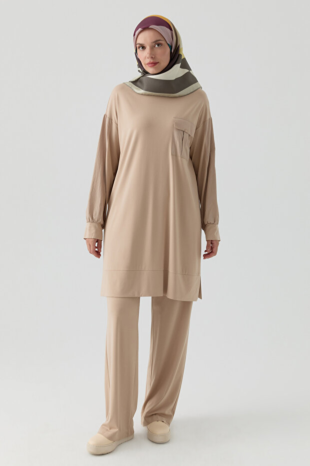 Cepli Örme Pantolon - Bej - 1