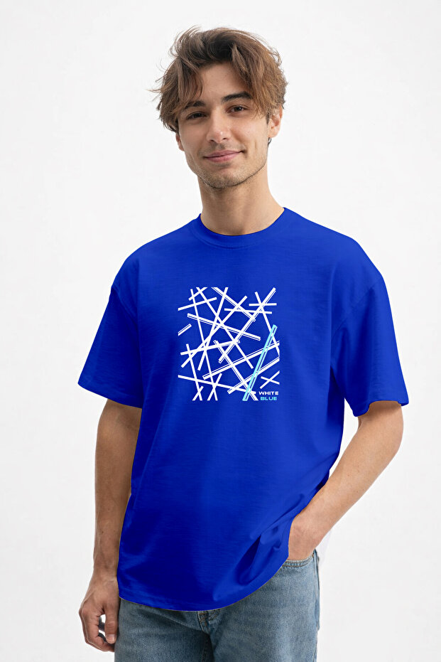 Men's Linear Graphic Design Crew Neck Cobalt Blue T-Shirt