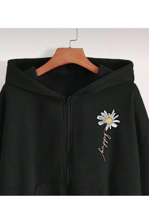 Happy Floral Printed Hooded Zippered Plain Black Sweatshirt