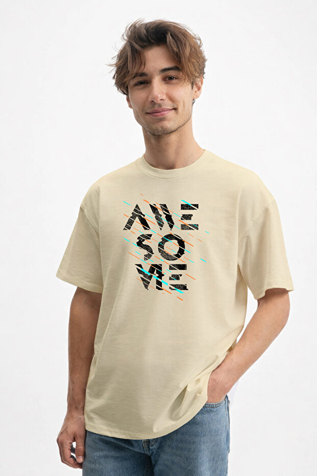 Men's Awesome Written Glitch Effect 100% Cotton Beige T-Shirt