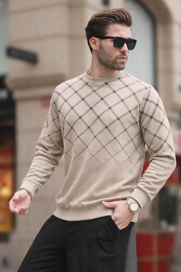 Beige Patterned Crew Neck Knit Sweater 6019
