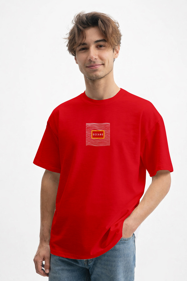Men's Oceano Text Printed 100% Cotton Red T-Shirt