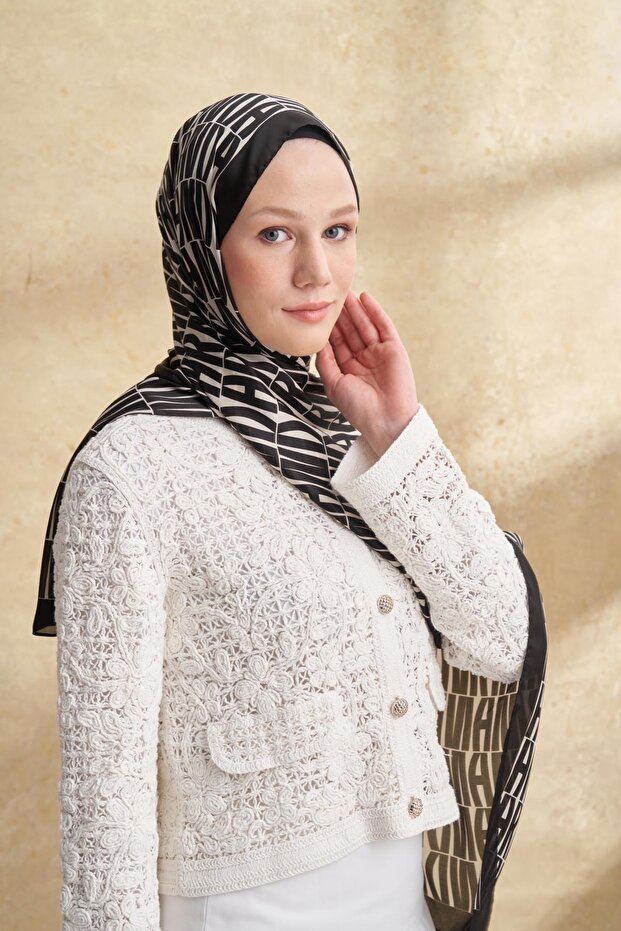 Imported Voile Patterned Shawl - White - Black - 3
