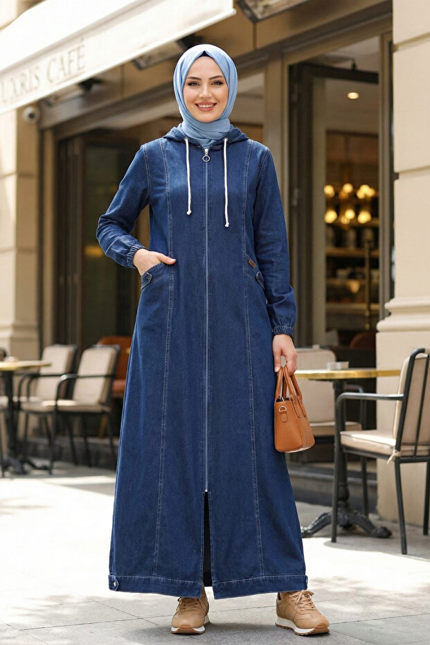 Women's Hooded Zippered Pocket Denim Blue Cap