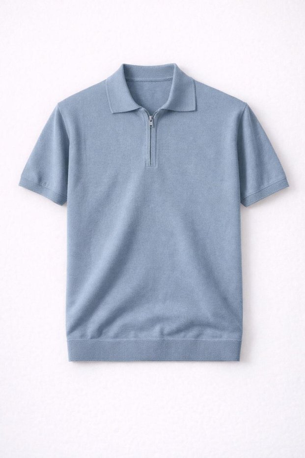 Linus Zippered Polo Collar Short Sleeve Slim Knitwear Men's T-Shirt - Cold Blue