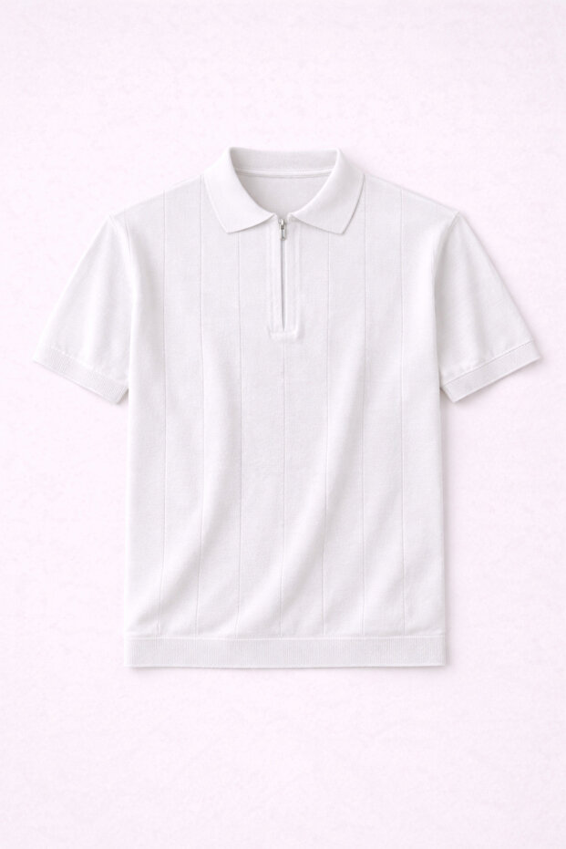 Ritchie Zippered Polo Collar Vertical Striped Short Sleeve Slim Knitwear Men's T-Shirt - Ecru