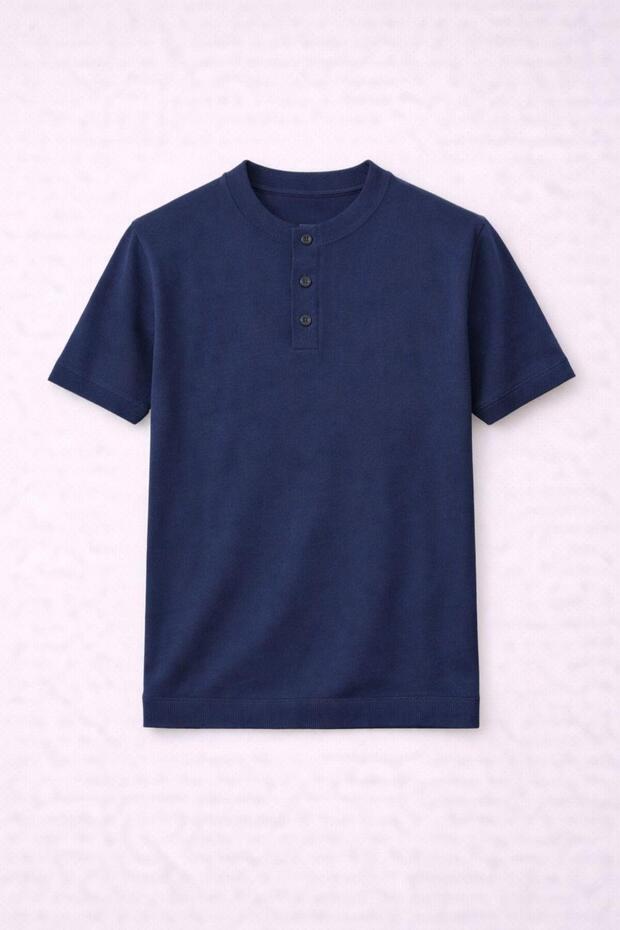 Dogen Hakim Collar Buttoned Short Sleeve Slim Knitwear Men's T-Shirt - Navy Blue
