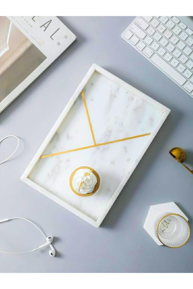 صينية مستطيلة من حجر الرخام بنقوش ذهبية - 1