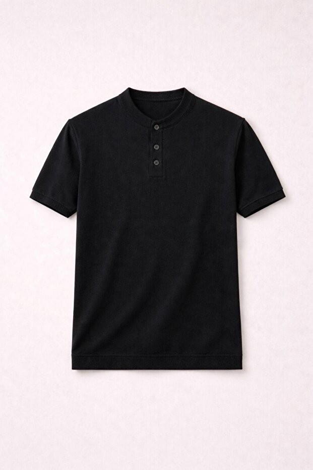 Dogen Hakim Collar Buttoned Short Sleeve Slim Knitwear Men's T-Shirt - Black
