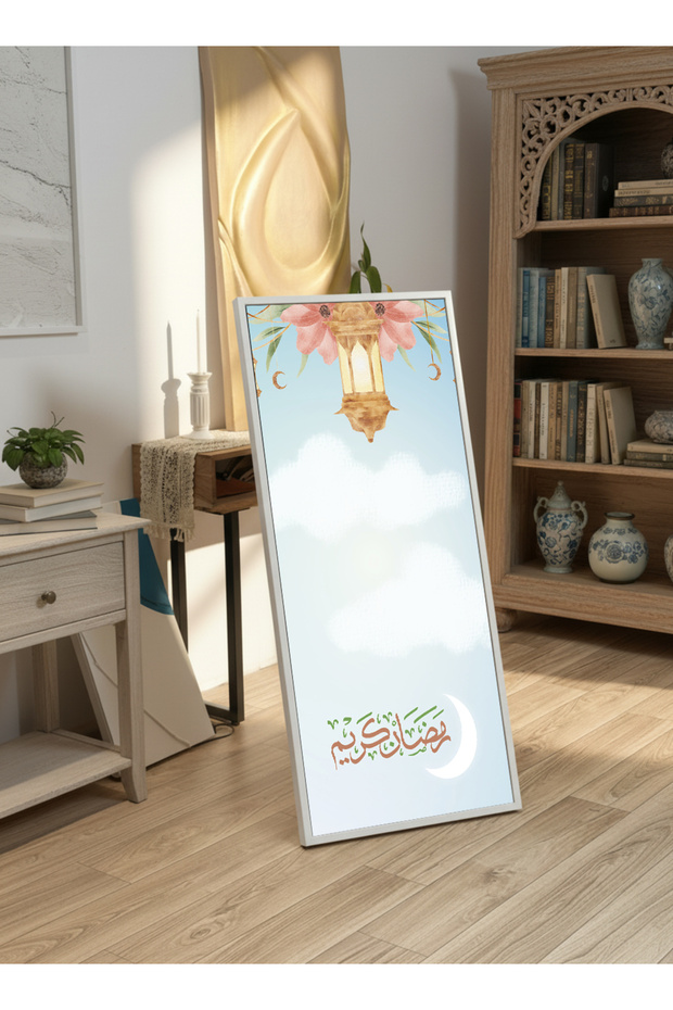 لوحة جدارية قماشية على إطار خشبي بإطار أبيض عائم وحامل خلفي، تحمل تصميم رمضان كريم.
