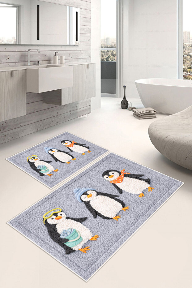 Penguin Patterned Digital Printed Washable 2-Piece Bath Mat (50X60-60X100)