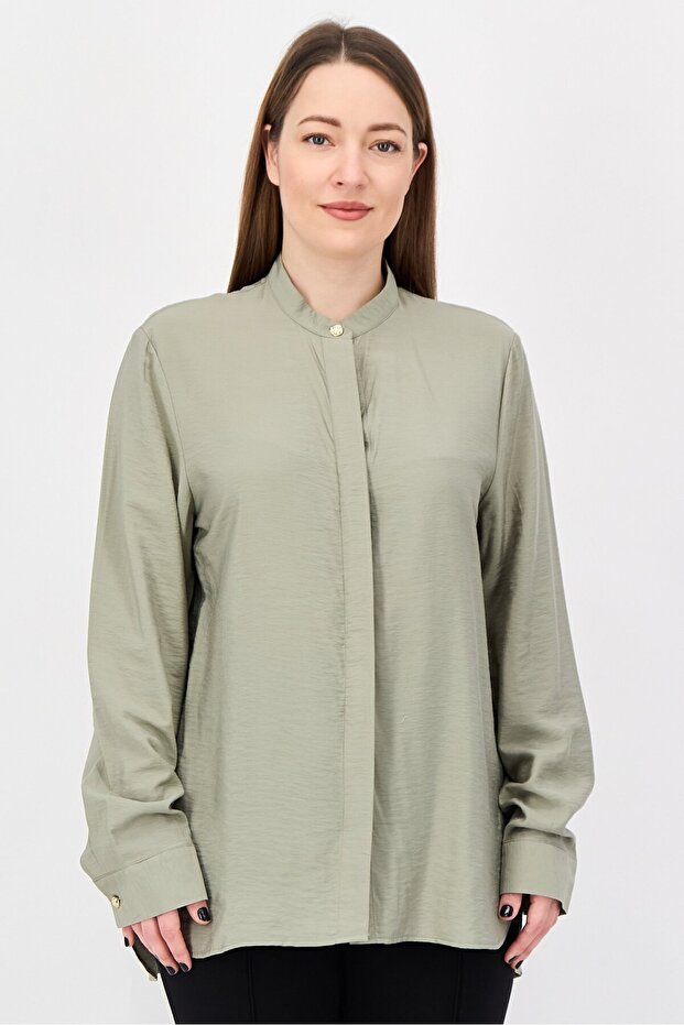 Women Band Collar Plain Long Sleeve Shirt, Olive