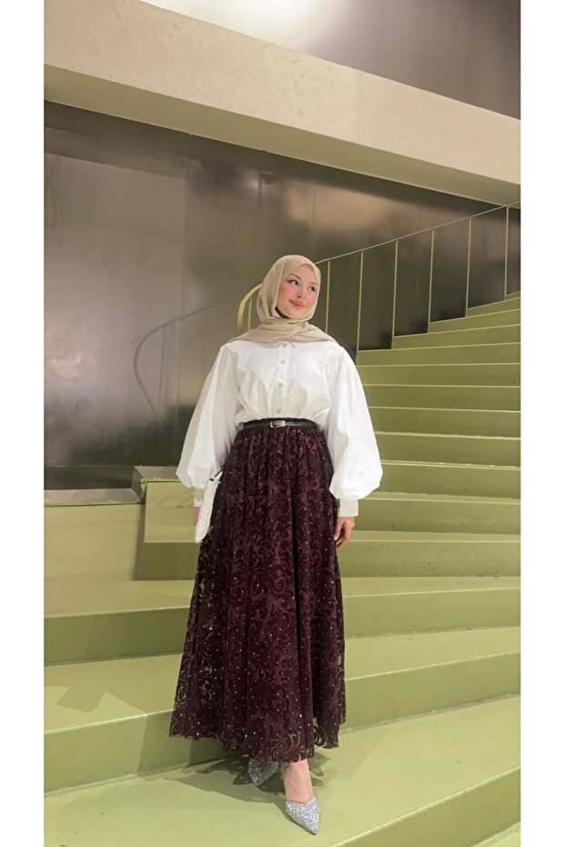 Stoned Tulle Flocked Skirt