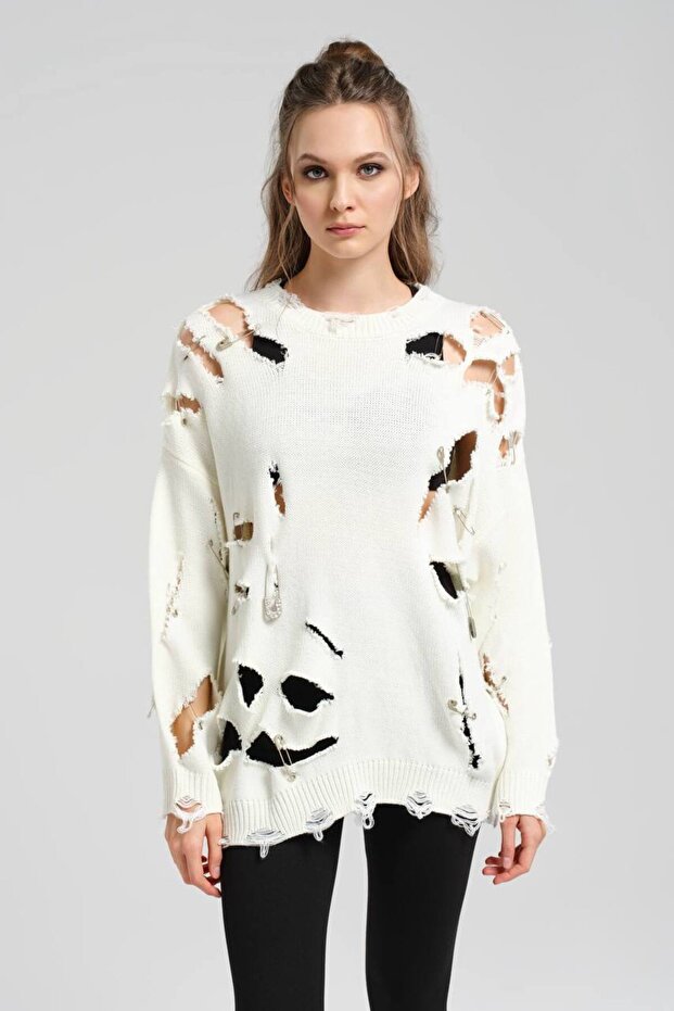 Women's Knitwear Laser Cut Detailed Design Tunic Sweater