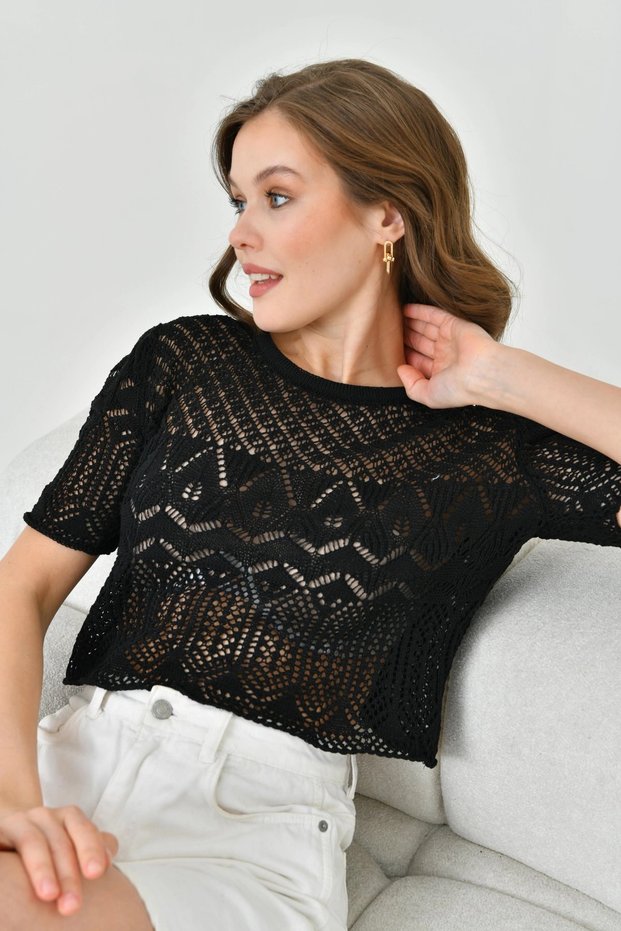 Women's Crew Neck Openwork Crop Knitwear Blouse 8256Sw