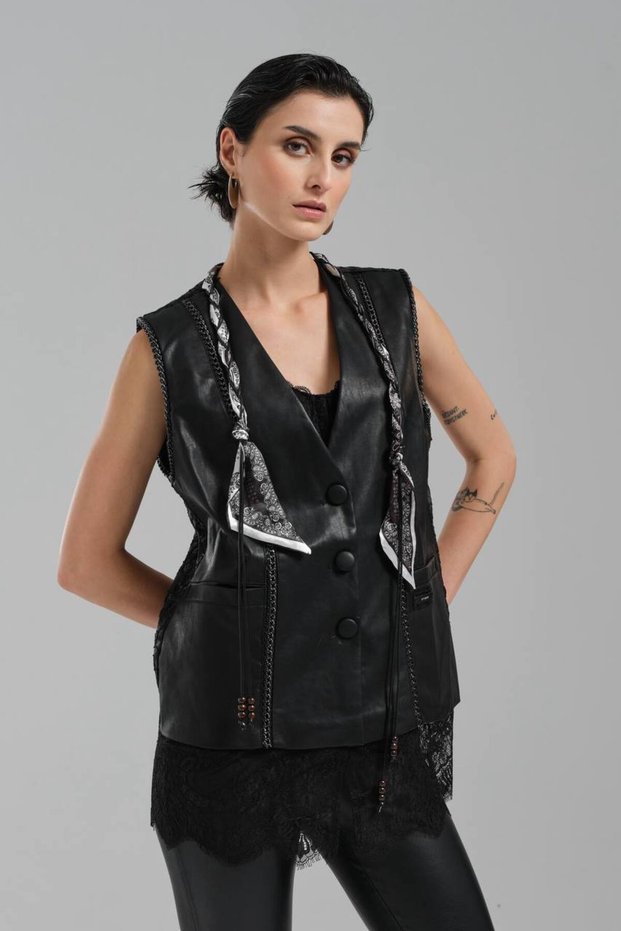 Women's Leather Fabric Front Chain and Lace Detailed Design Vest