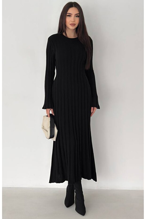 Fitilli Uzun Triko Elbise - 5