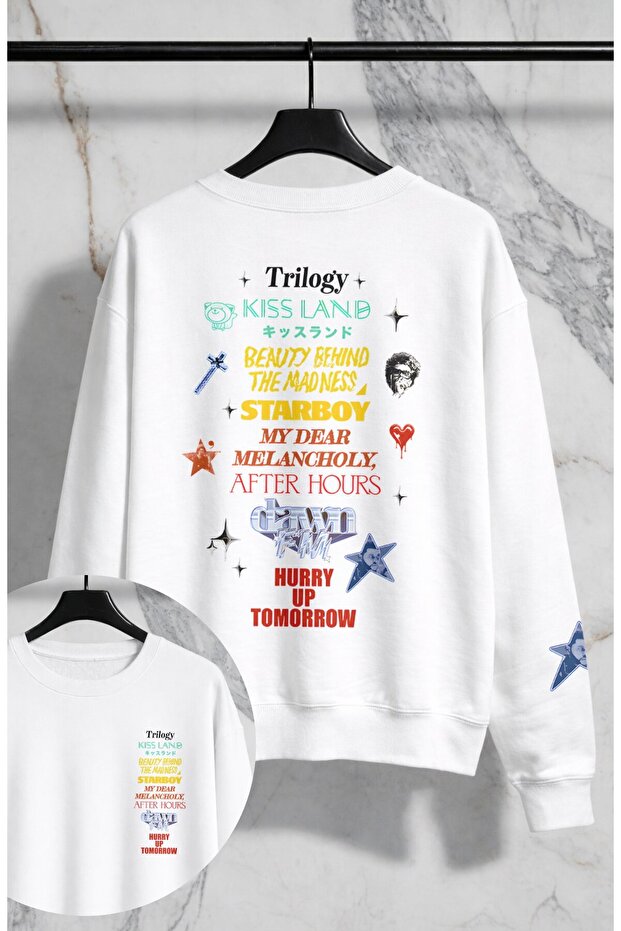 Unisex Oversize the Weeknd Star Printed Sleeve and Back Crew Neck Hoodless Sweatshirt