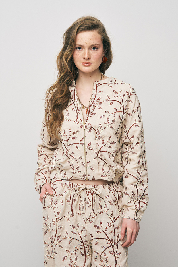 Women's Botanical Line Embroidered Zippered Bohemian Crop Jacket