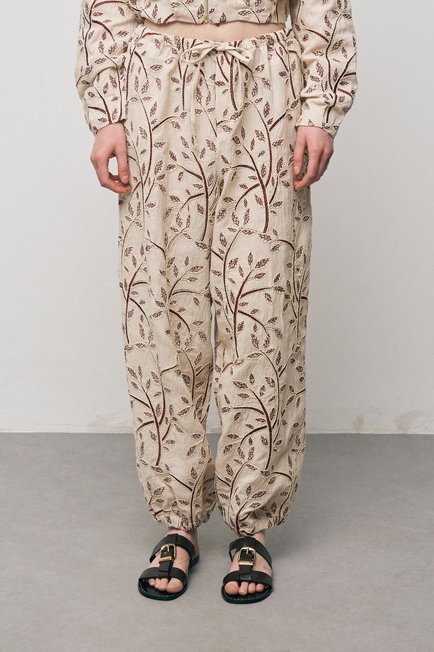 Women's Botanical Line Embroidered Waist Lace-Up Bohemian Trousers