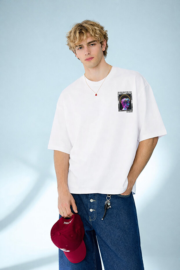 Men's Neon Renaissance: David Bust Neon Graphic Printed White T-Shirt