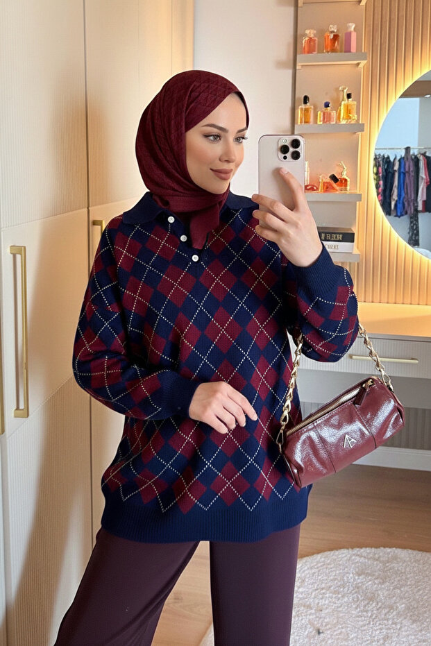 Square Patterned Kokina Baklava Pattern Sweater - 3