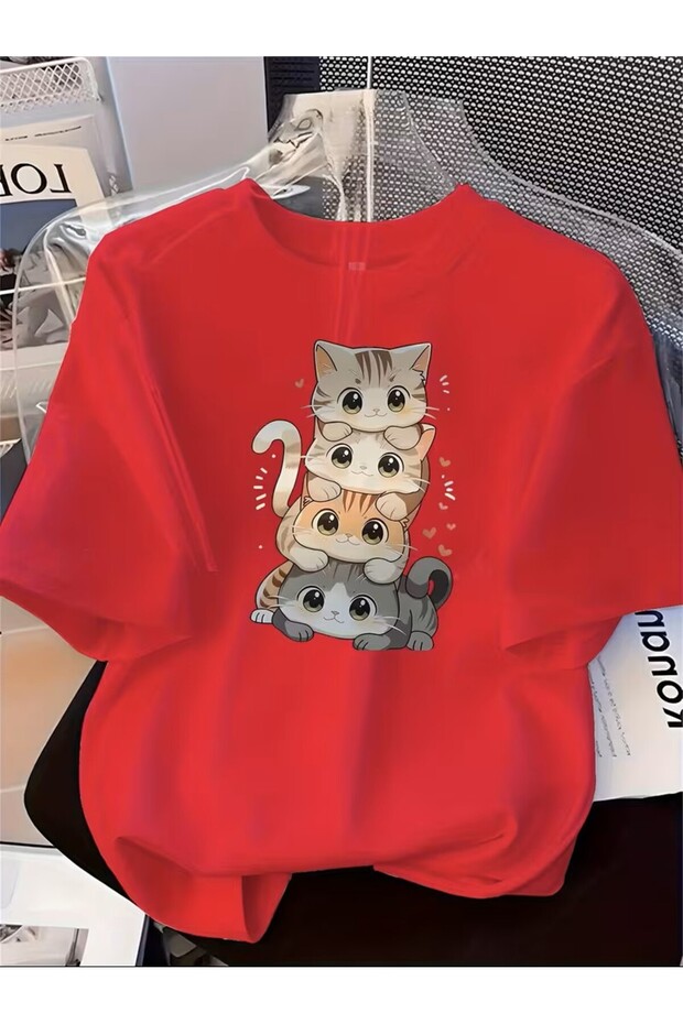 Cat Pattern Short Sleeve Round Neck T-Shirt, Loose Cut Thin, Trendy